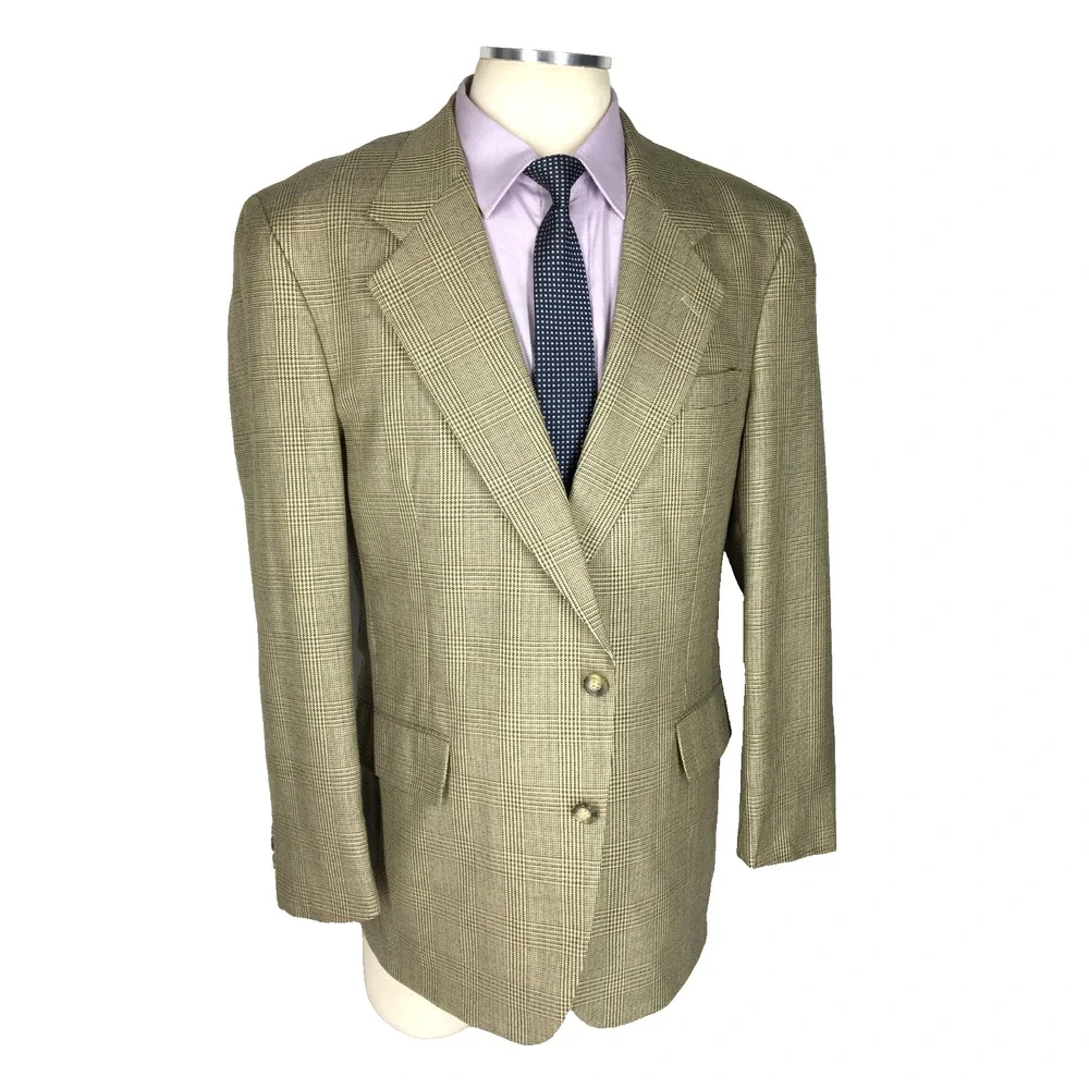 42R Jos A Bank Mens Vtg 2 Button Silk Wool Blazer Sport Coat Sand Glen Chk